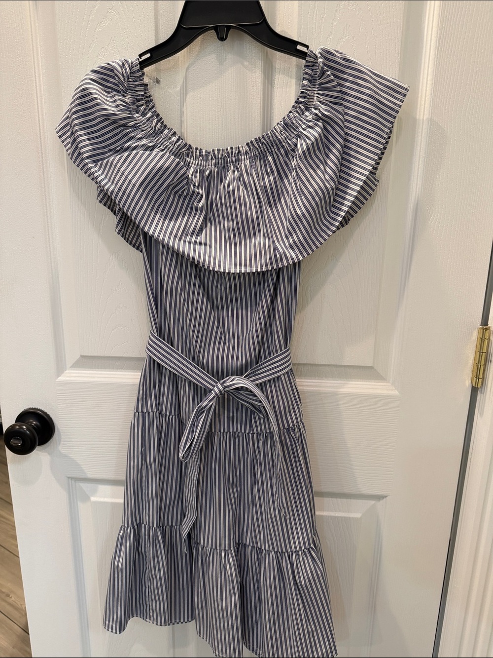 Daniel Cremieux Blue and White Striped Off-Shoulder Belted Dress
